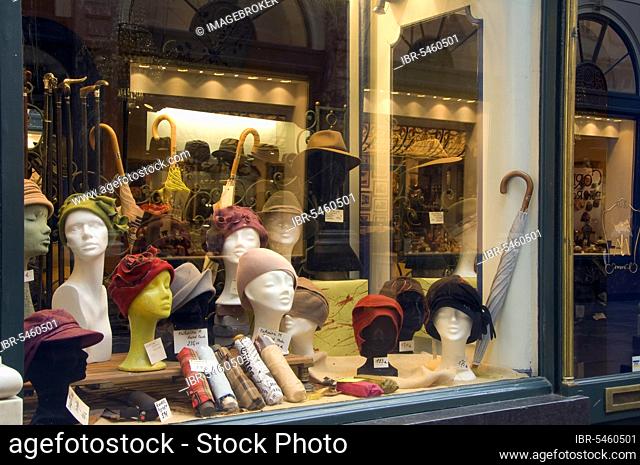 Shop window with hats and umbrellas, St., Galeries Royales Saint-Hubert shopping arcade, Brussels, Belgium, Europe