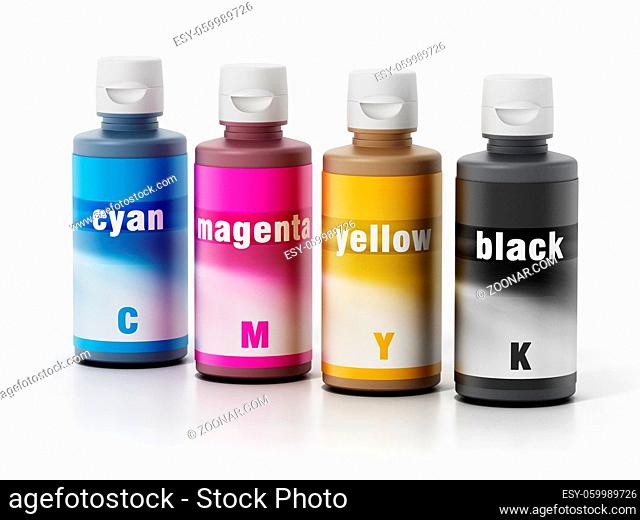 Inkjet printer refillable ink CMYK bottles. 3D illustration