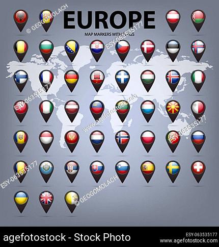 Black map markers with flags - Europe. Original colors