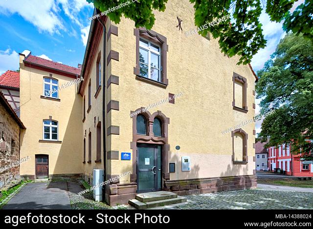 Rückert school, front door, house facade, city view, summer, Bad Rodach, Franconia, Bavaria, Germany, Europe