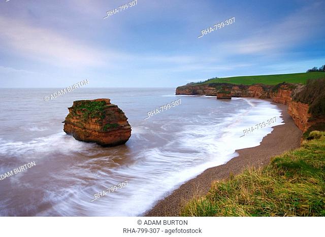 Otterton sandstone cliffs and seastacks at Ladram Bay, South Devon, England, United Kingdom, Europe