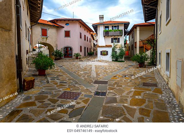 Main Square in Historic medieval town of Smartno in Goriska Brda, Slovenia with narrov streets leading into the town. Due strategic position the town is...