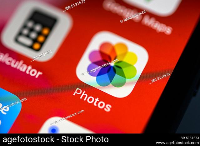 Apple Photos App, icon, logo, display, screen, iPhone, app, mobile phone, smartphone, iOS, detail, full format