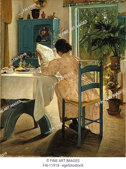 Breakfast with the morning newspaper. Ring, Laurits Andersen (1854-1933). Oil on canvas. Symbolism. 1898. Nationalmuseum Stockholm. Painting