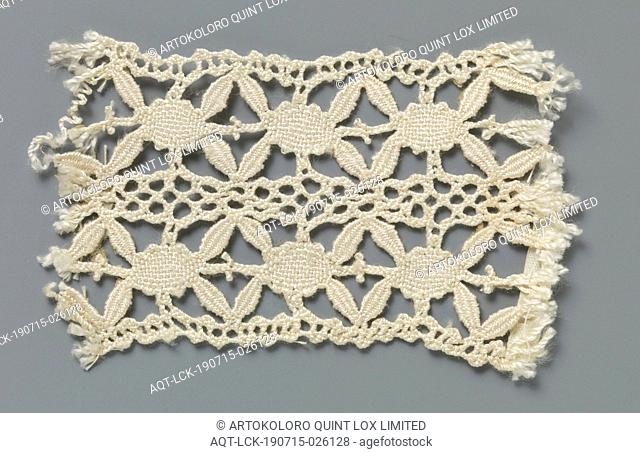 Strip of spool lace with double row of ovals flanked by four leaves, Strip of natural spool lace: Cluny lace. The repeating and symmetrical pattern consists of...