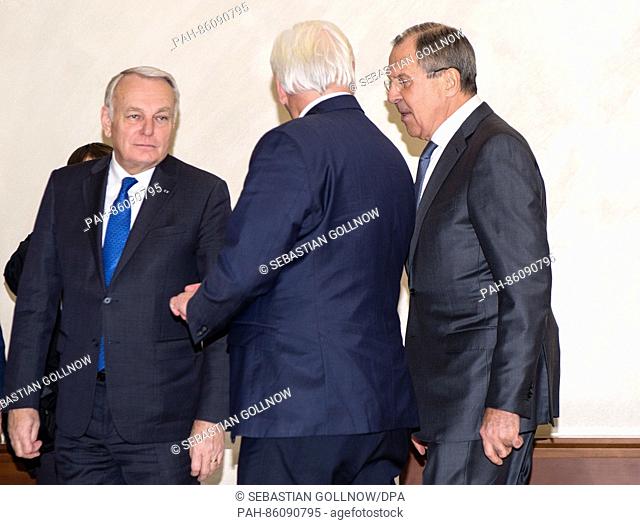 L-R: The French Foreign Minister Jean-Marc Ayrault, German Foreign Minister Frank-Walter Steinmeier (SPD), and Russian Foreign Minister Sergey Lavrov at a...