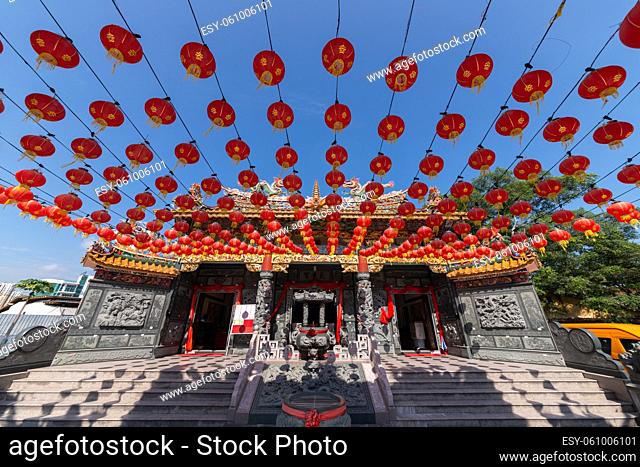 Georgetown, Penang, Malaysia - Mar 26 2017: Chinese Thean Seng Keong Temple decorated with red lantern in sunny day