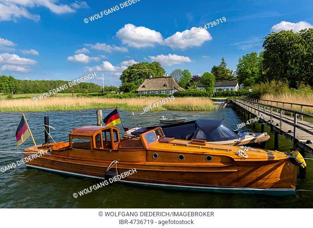 Motorboat, Jetty, Sieseby, Thumby, Schleswig Holstein, Germany