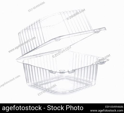 Open empty transparent plastic food container isolated on white