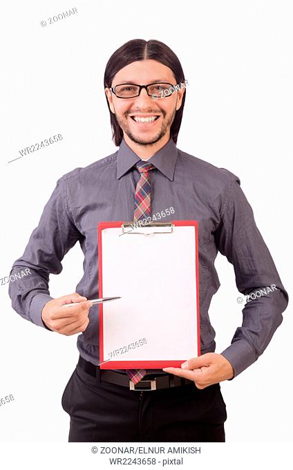 Young businessman with paper isolated on white