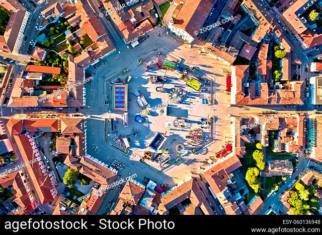 Town of Palmanova hexagonal square aerial view, UNESCO world heritage site in Friuli Venezia Giulia region of Italy