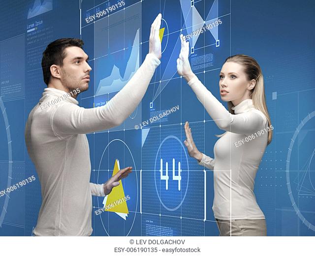 future, technology, business, education and people concept - man and woman working with virtual screen