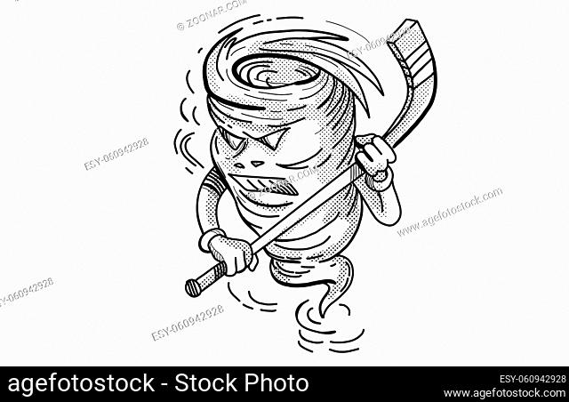 Cartoon style illustration of a tornado or whirlwind with ice hockey stick playing hockey on isolated white background