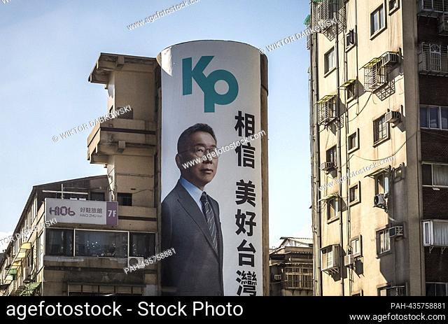 Taiwan People's Party (TPP) Chairman Ko Wen-je (nickname KP or KO) election banner in Taipei, Taiwan on 22/11/2023 The opposition to the ruling DPP party is...