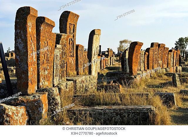 Noratus cemetery (the largest surviving cemetery with khachkars in Armenia), near Lake Sevan, Gegharkunik region, Armenia, Eurasia