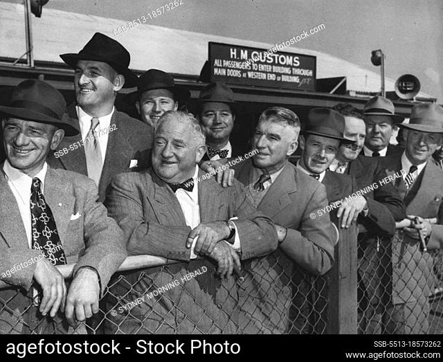 Vic. Sportsman on way to Eng. to see Derby & Oaks. They include trainers, owners & bookies.Left front. Theo Lewis, Dr. W