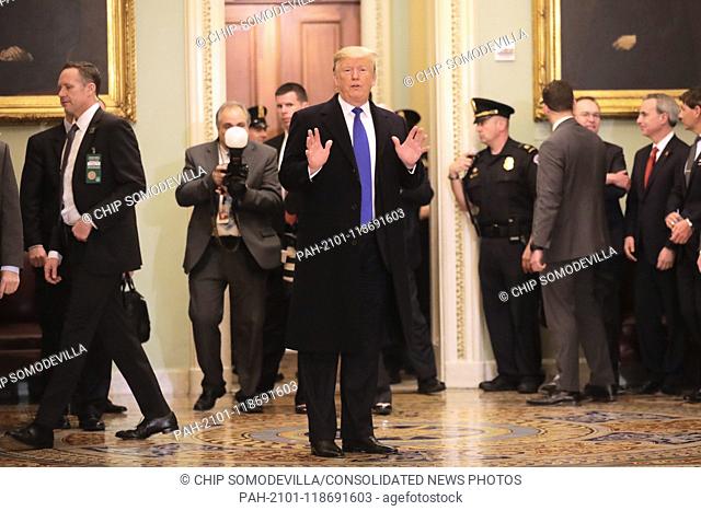 United States President Donald J. Trump departs after joining Senate Republicans for their weekly policy luncheon at the U.S
