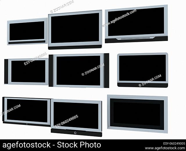 Few widescreen TVs. 3d render. On white background