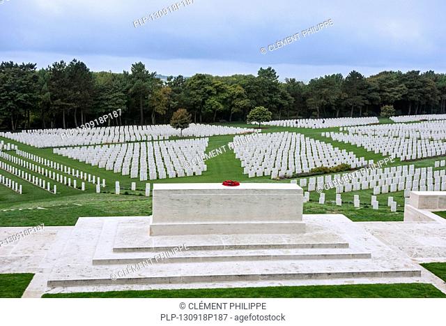 First World War One Stone of Remembrance and graves at the Étaples Military Cemetery, largest Commonwealth War Graves Commission (CWGC) cemetery in France