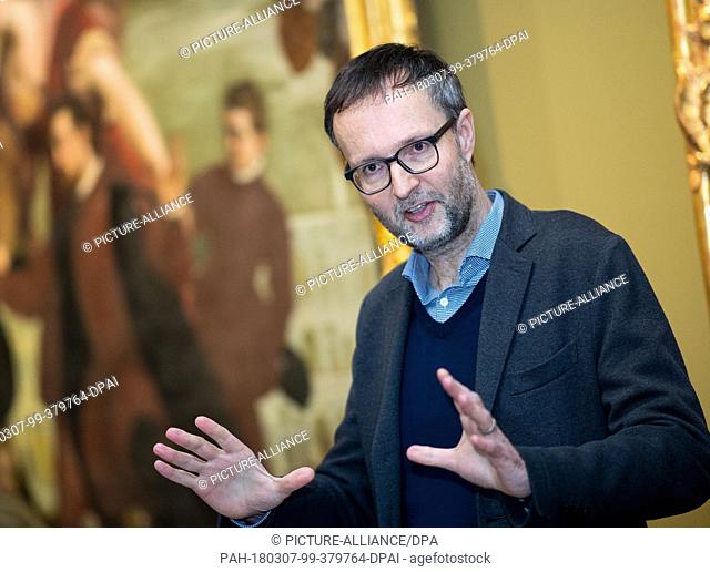 07 March 2018, Germany, Dresden: Curator Andreas Henning delivers a statement during a press event of the Dresden Arts Collection prior to the opening of the...