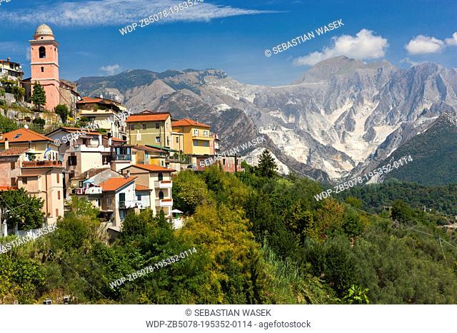 The village of Fontia belongs to the municipality of Carrara with Apennine Mountains over Carrara in the background, Province of Massa-Carrara, Toscana, Italy