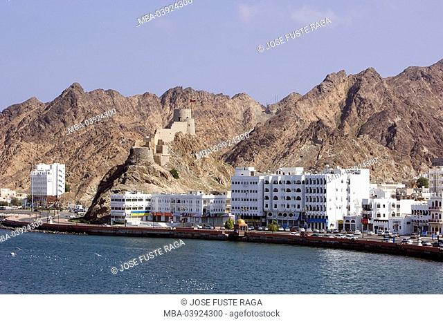 Oman, Muscat, Dhow Bay, city view, Mutrha fort, sultanate, city, capital, houses, buildings, constructions, harbor-promenade, promenade, sight, destination