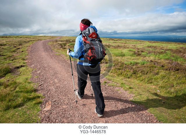 Single female hiker walking north on Offa's Dyke Path, near Hay Bluff, Black mountains, Wales