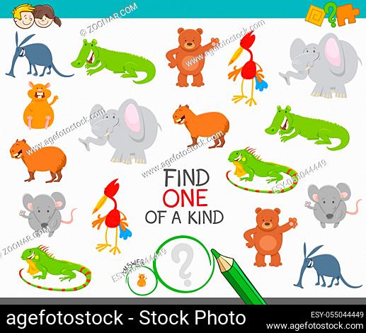Cartoon Illustration of Find One of a Kind Picture Educational Activity Game with Cute Animal Characters