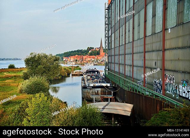 Elbtalaue in Lower Saxony, Germany, biosphere reserve, view of the old town Lauenburg at the Hitzler shipyard