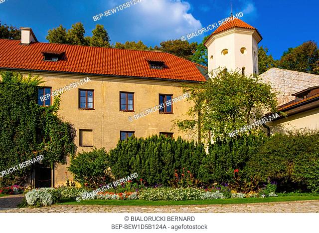 Pieskowa Skala, Lesser Poland / Poland - 2018/09/09: Inner courtyard and gardens of historic castle Pieskowa Skala by the Pradnik river in the Ojcowski National...