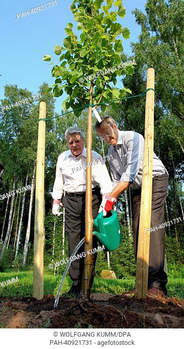 German President Joachim Gauck (L) and Estonian President Toomas Hendrik Ilves plant a lime tree at the Estonian President's summer residence in Aerma Talu