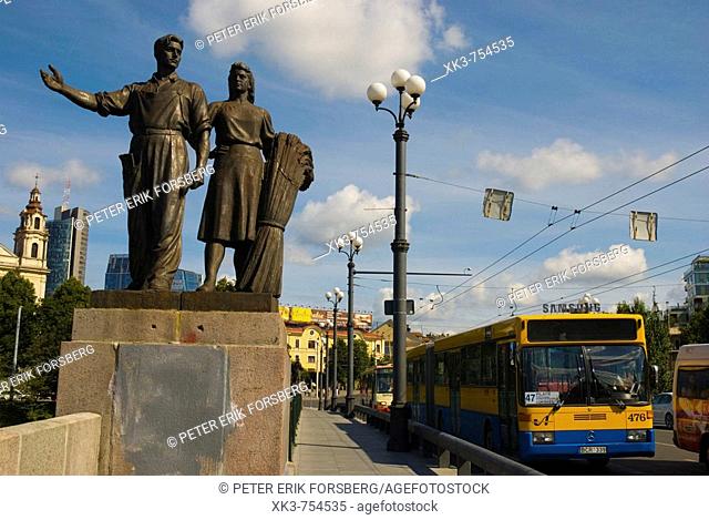 Socialist Realist statues at Zaliasis Tiltas bridge in Vilnius, Lithuania, Europe