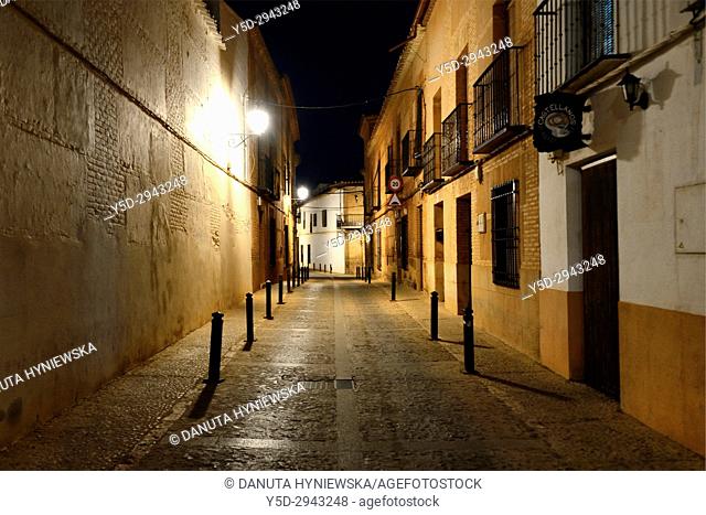 street scene at night, Villanueva de los Infantes, Ruta de Don Quijote, Ciudad Real, Castile-La Mancha, Spain, Europe