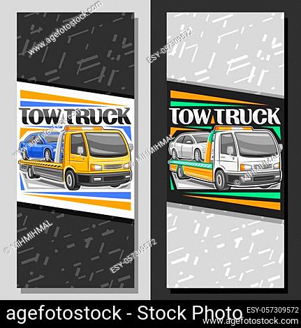 Vector vertical layouts for Tow Truck, leaflet with illustration of evacuator with orange alarm lights towing fixed car in workshop