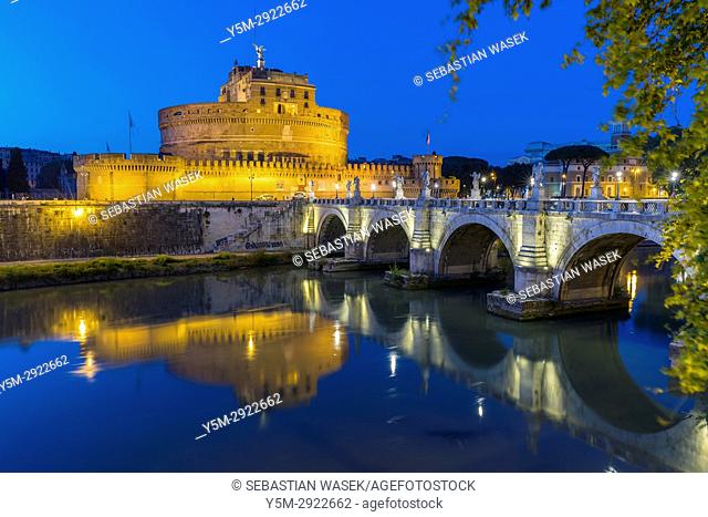 The Mausoleum of Hadrian, usually known as Castel Sant'Angelo a towering cylindrical building in Parco Adriano, Rome, Lazio, Italy, Europe