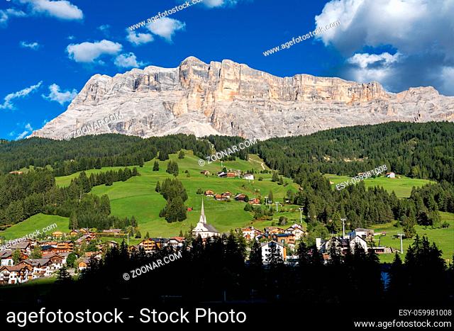 Western face of Sasso di Santa Croce in eastern Dolomites, overlooking Badia valley, the vertical wall of 900 meters , South Tyrol, Italy