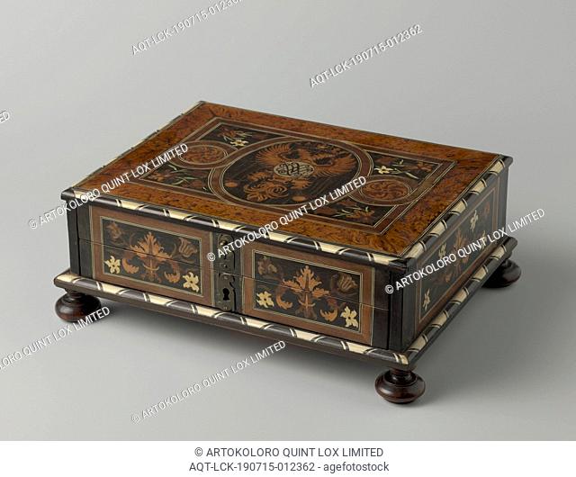 Marquetry box with a double eagle and a monogram on the lid within an oval frame, Oak box, with marquetry on the flat lid of ebony, mahogany, maple