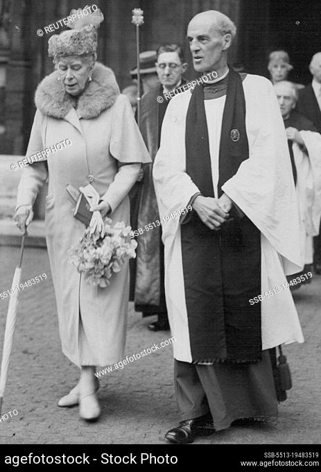 Queen Mary's 79th Birthday -- H.M. Queen Mary leaving Westminster Abbey this morning, Sunday escorted by Dr. A.C.Don, Dean of Westminster. H.M