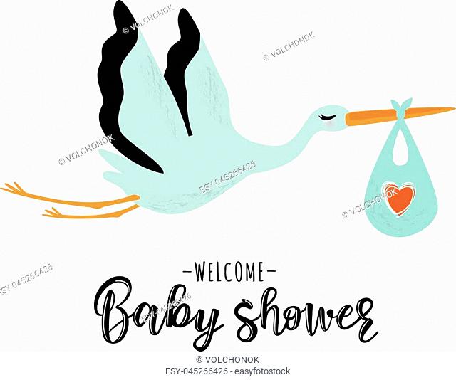 Vector illustration of a baby shower Invitation with stork. Stork carrying a cute baby in a bag. Can be used for cards, flyers, posters, t-shirts