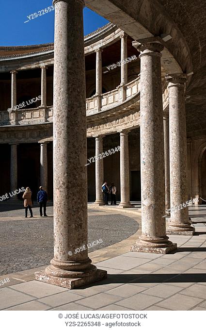Palace of Charles V -16th century, courtyard and tourists, The Alhambra, Granada, Region of Andalusia, Spain, Europe