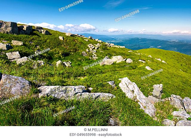 grassy meadow with rocky formations in mountains. lovely summer landscape. location Runa mountain, Carpathians, Ukraine