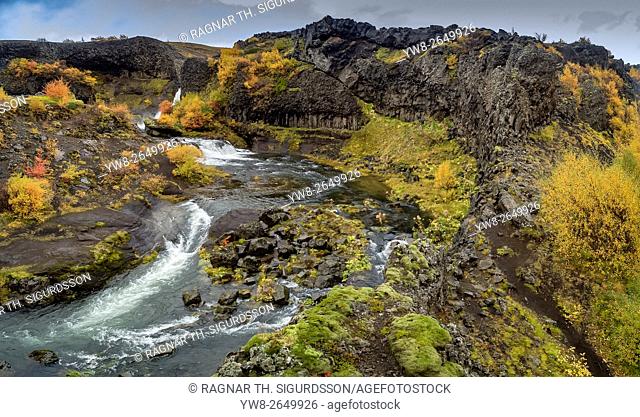 Aerial view of Gjaarfoss Waterfalls in the autumn, Thjorsardalur valley, Iceland. This image is shot with a drone