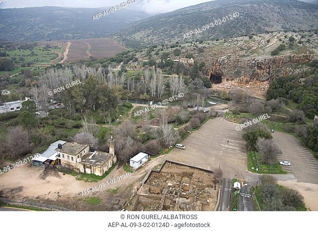 Aerial photograph of the Archeology site of Banias in the Golan Heights