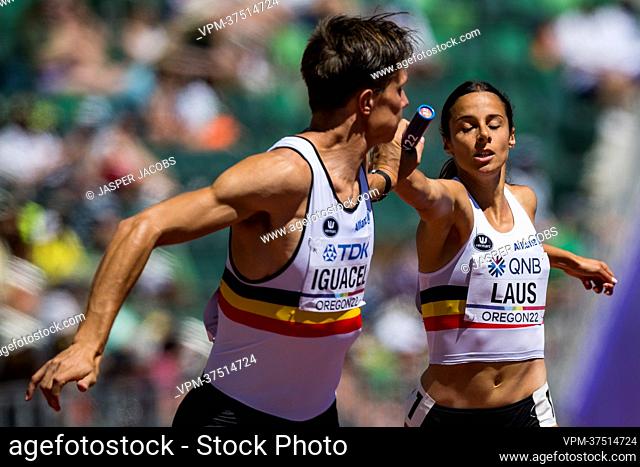 Christian Iguacel and Belgian Camille Laus pictured in action during the heats of the 4x400m mixed relay event at the 19th IAAF World Athletics Championships in...