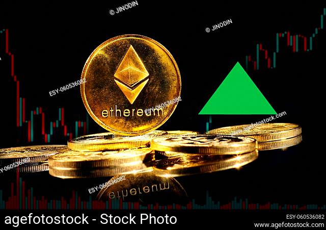 New cryptocurrency Ethereum ETH 2.0 go up in trading. Golden coin with Ethereum logo rise in bull market. Price of decentralized digital currency is growing up
