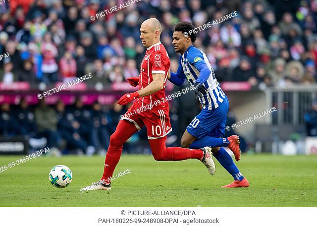 24 February 2018, Germany, Munich - Soccer, Bundesliga, FC Bayern Muenchen vs. Hertha BSC, Allianz Arena: Munich's Thomas Mueller in action against Hertha's...