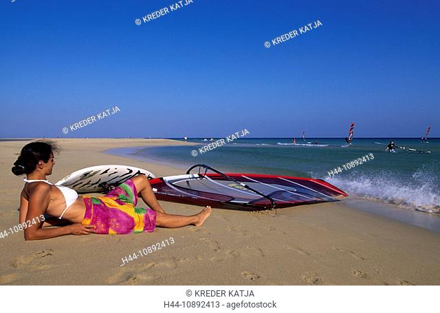 , Playa de Sotavento de Jandia, Fuerteventura, Canary islands, isles, Spain, beach, seashore, woman, sand