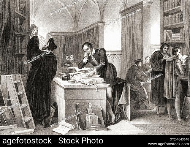A young Martin Luther, 1483 - 1546, studying the Bible in the library of the University of Erfurt which he attended from 1501 until 1505