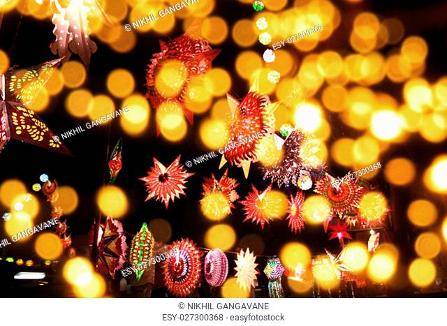 A view of traditional lights to a line of blur lights lit on the occassion of Diwali festival in India