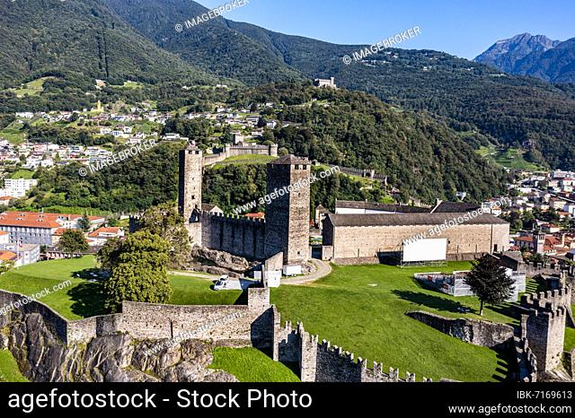 Aerial of the Castlegrande, Unesco site three castles of Bellinzona, Ticino, Switzerland, Europe